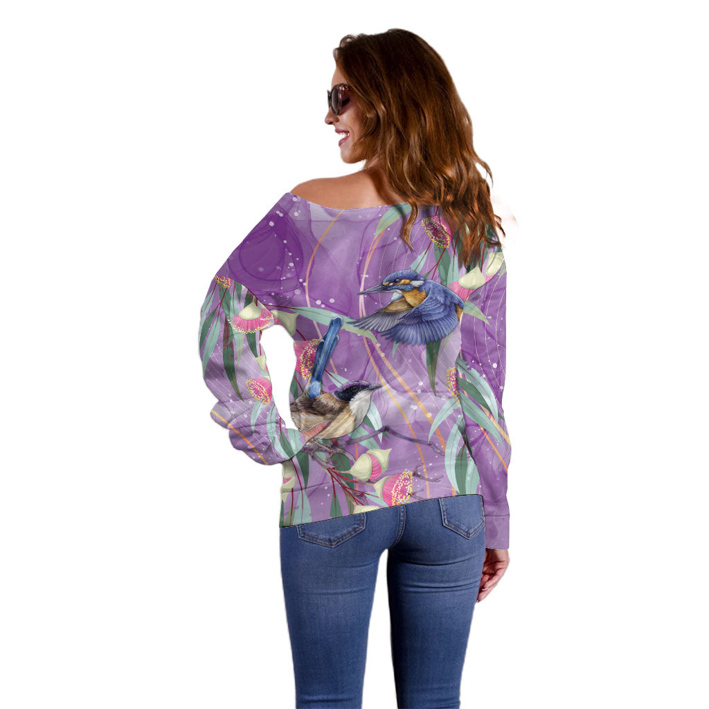 Australia Epilepsy Month Off Shoulder Sweater Purple Fairy Wren with Eucalyptus Flowers