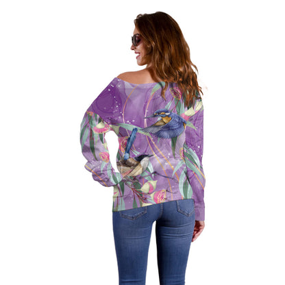 Australia Epilepsy Month Off Shoulder Sweater Purple Fairy Wren with Eucalyptus Flowers