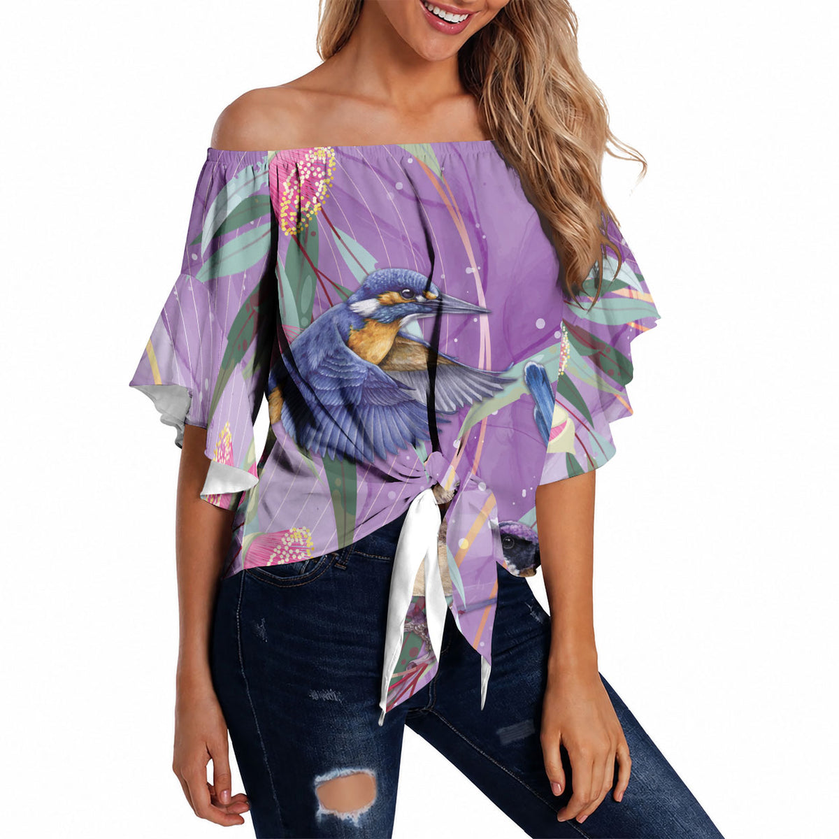 Australia Epilepsy Month Off Shoulder Wrap Waist Top Purple Fairy Wren with Eucalyptus Flowers