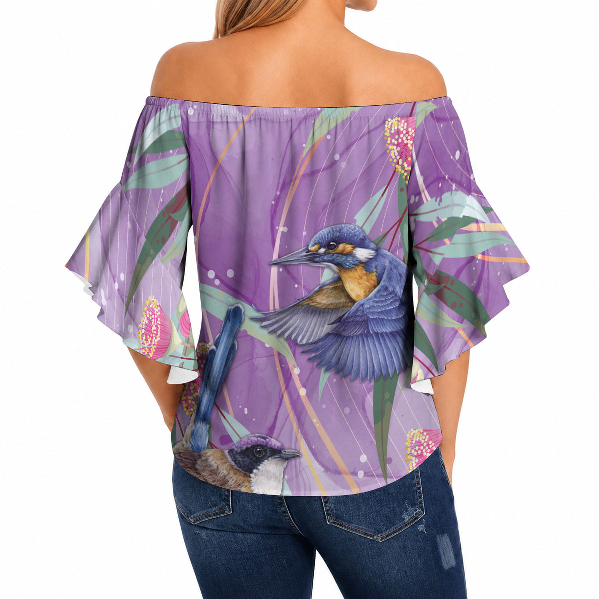 Australia Epilepsy Month Off Shoulder Wrap Waist Top Purple Fairy Wren with Eucalyptus Flowers