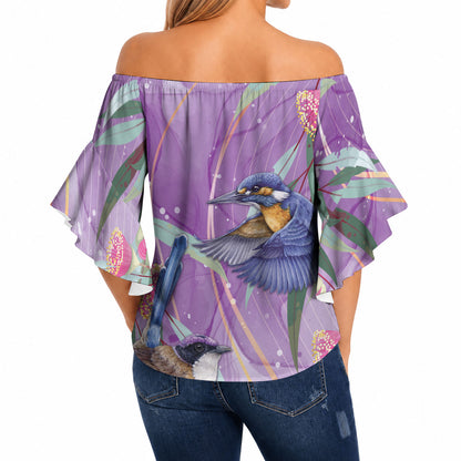Australia Epilepsy Month Off Shoulder Wrap Waist Top Purple Fairy Wren with Eucalyptus Flowers