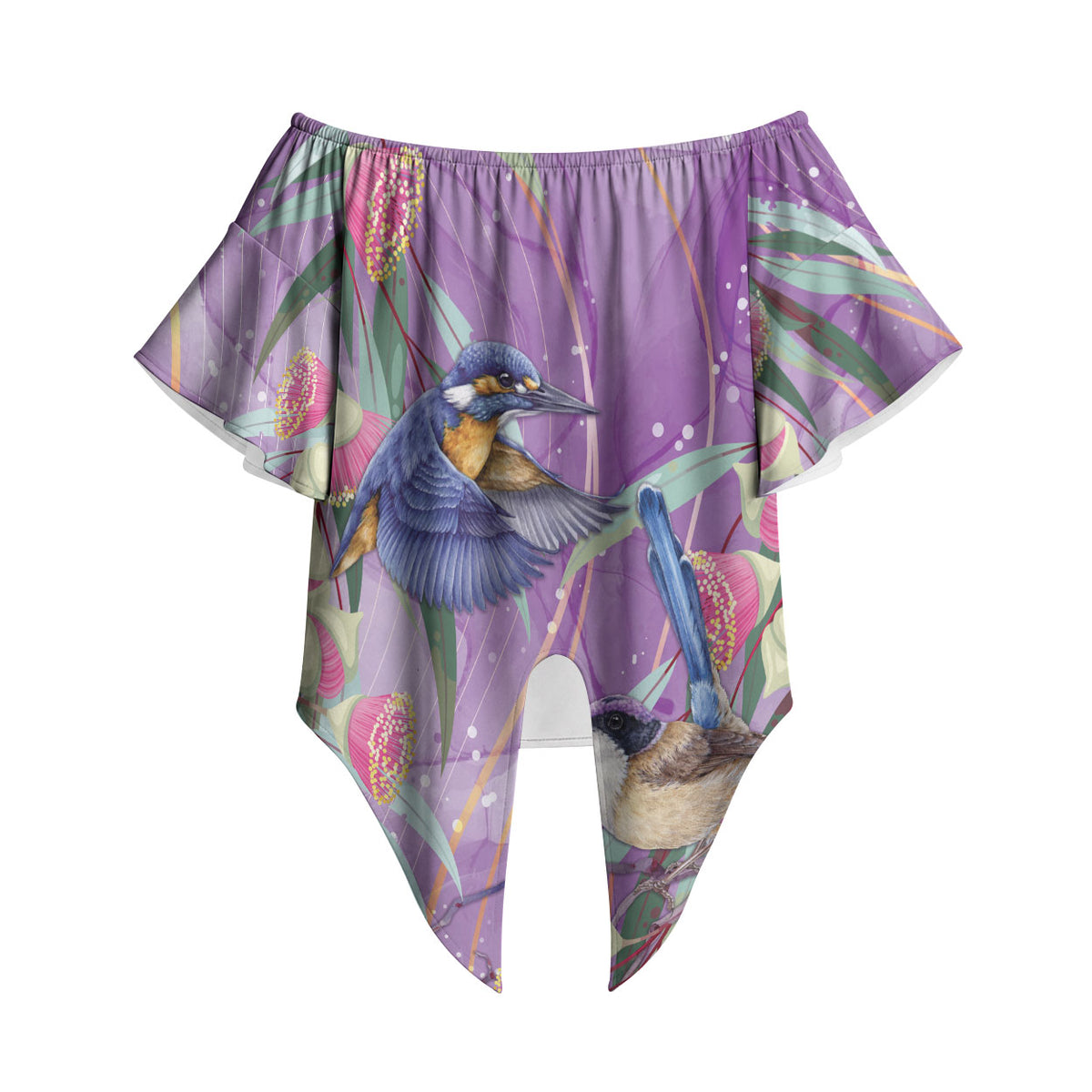 Australia Epilepsy Month Off Shoulder Wrap Waist Top Purple Fairy Wren with Eucalyptus Flowers