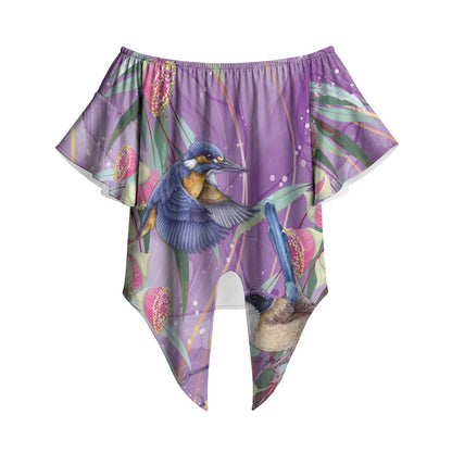 Australia Epilepsy Month Off Shoulder Wrap Waist Top Purple Fairy Wren with Eucalyptus Flowers