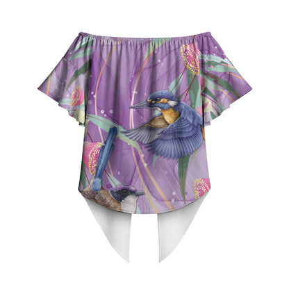 Australia Epilepsy Month Off Shoulder Wrap Waist Top Purple Fairy Wren with Eucalyptus Flowers