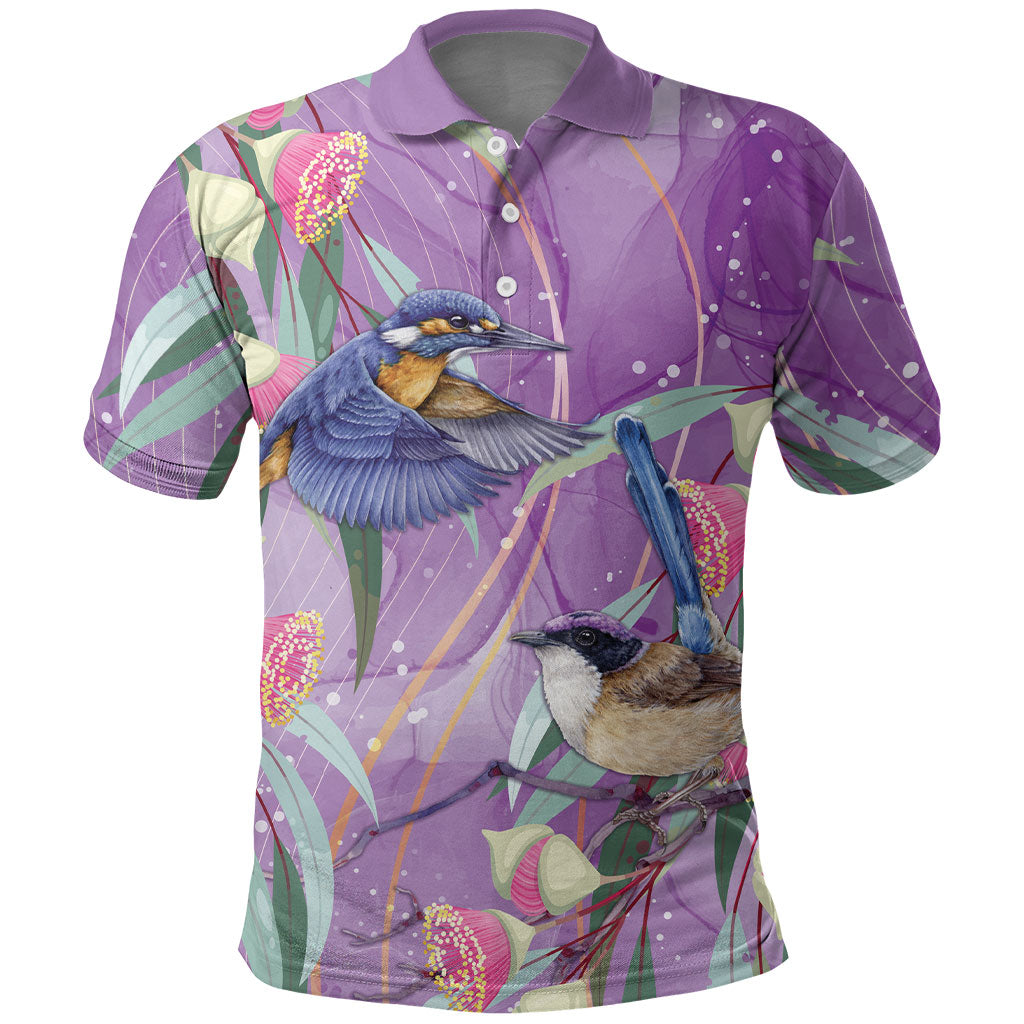 Australia Epilepsy Month Polo Shirt Purple Fairy Wren with Eucalyptus Flowers