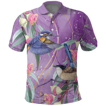 Australia Epilepsy Month Polo Shirt Purple Fairy Wren with Eucalyptus Flowers