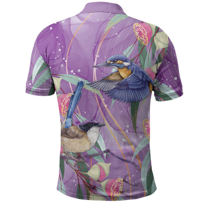 Australia Epilepsy Month Polo Shirt Purple Fairy Wren with Eucalyptus Flowers