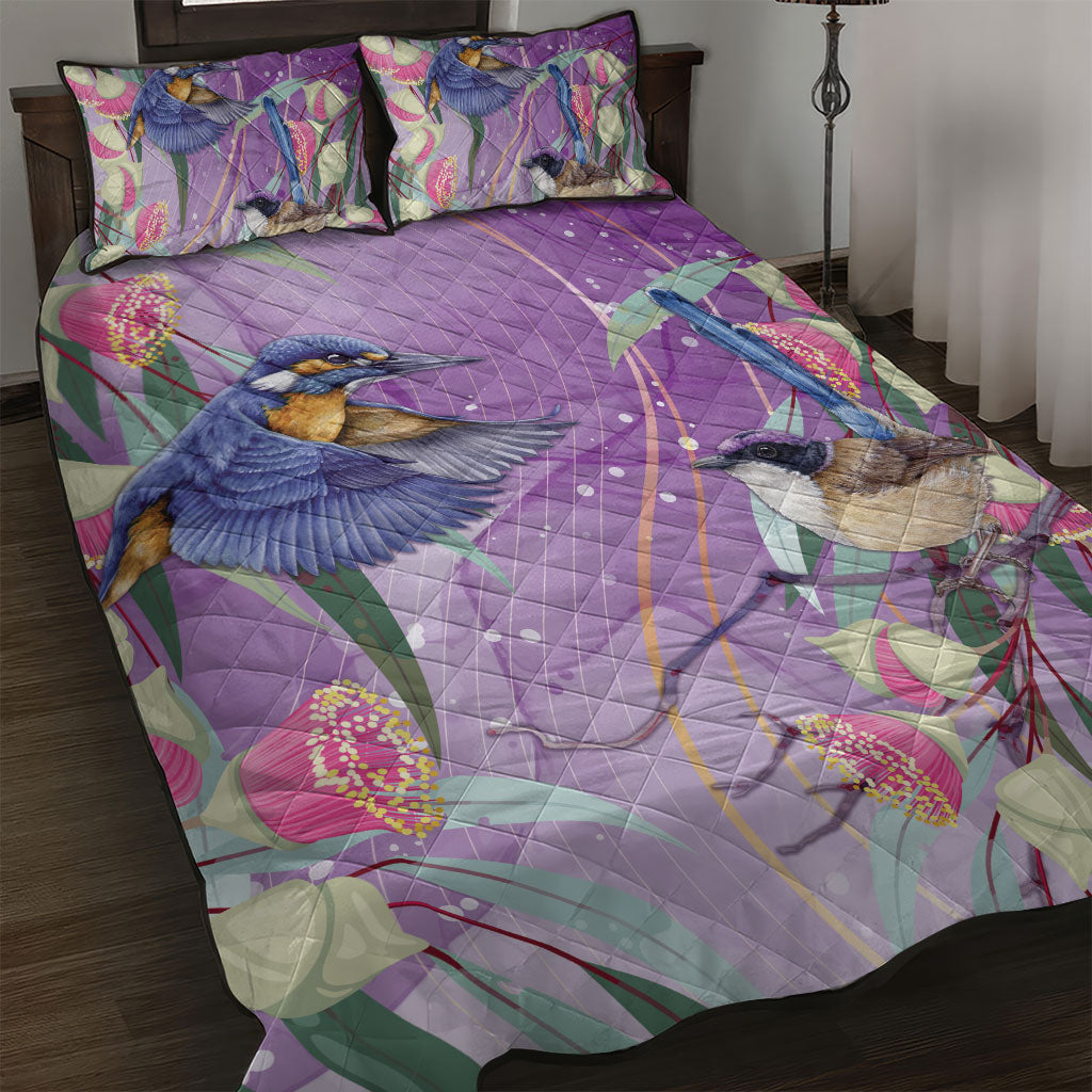 Australia Epilepsy Month Quilt Bed Set Purple Fairy Wren with Eucalyptus Flowers