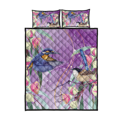 Australia Epilepsy Month Quilt Bed Set Purple Fairy Wren with Eucalyptus Flowers