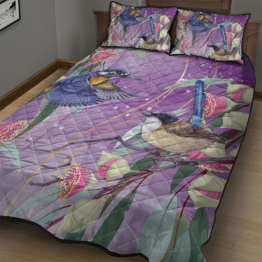 Australia Epilepsy Month Quilt Bed Set Purple Fairy Wren with Eucalyptus Flowers