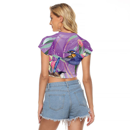 Australia Epilepsy Month Raglan Cropped T Shirt Purple Fairy Wren with Eucalyptus Flowers