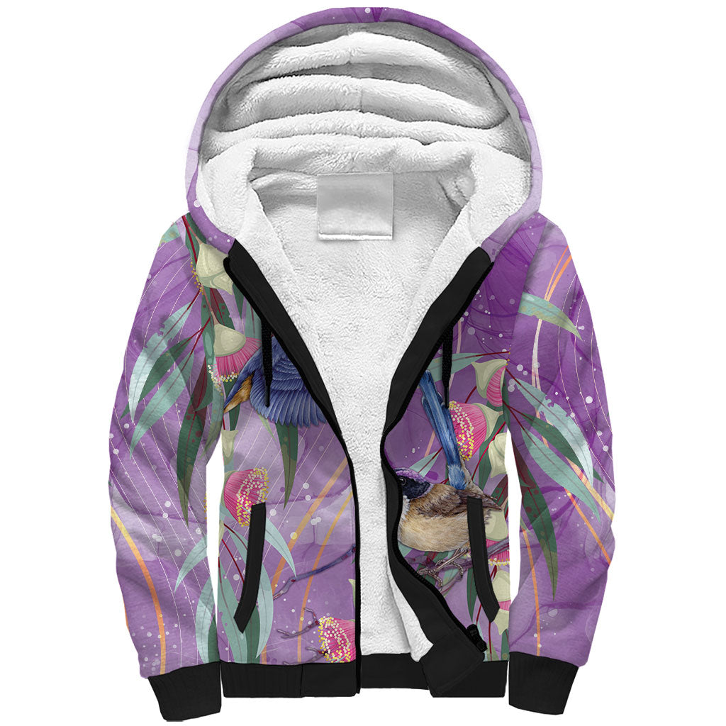 Australia Epilepsy Month Sherpa Hoodie Purple Fairy Wren with Eucalyptus Flowers