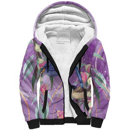 Australia Epilepsy Month Sherpa Hoodie Purple Fairy Wren with Eucalyptus Flowers