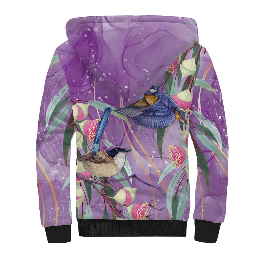 Australia Epilepsy Month Sherpa Hoodie Purple Fairy Wren with Eucalyptus Flowers