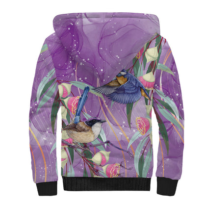 Australia Epilepsy Month Sherpa Hoodie Purple Fairy Wren with Eucalyptus Flowers