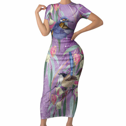 Australia Epilepsy Month Short Sleeve Bodycon Dress Purple Fairy Wren with Eucalyptus Flowers