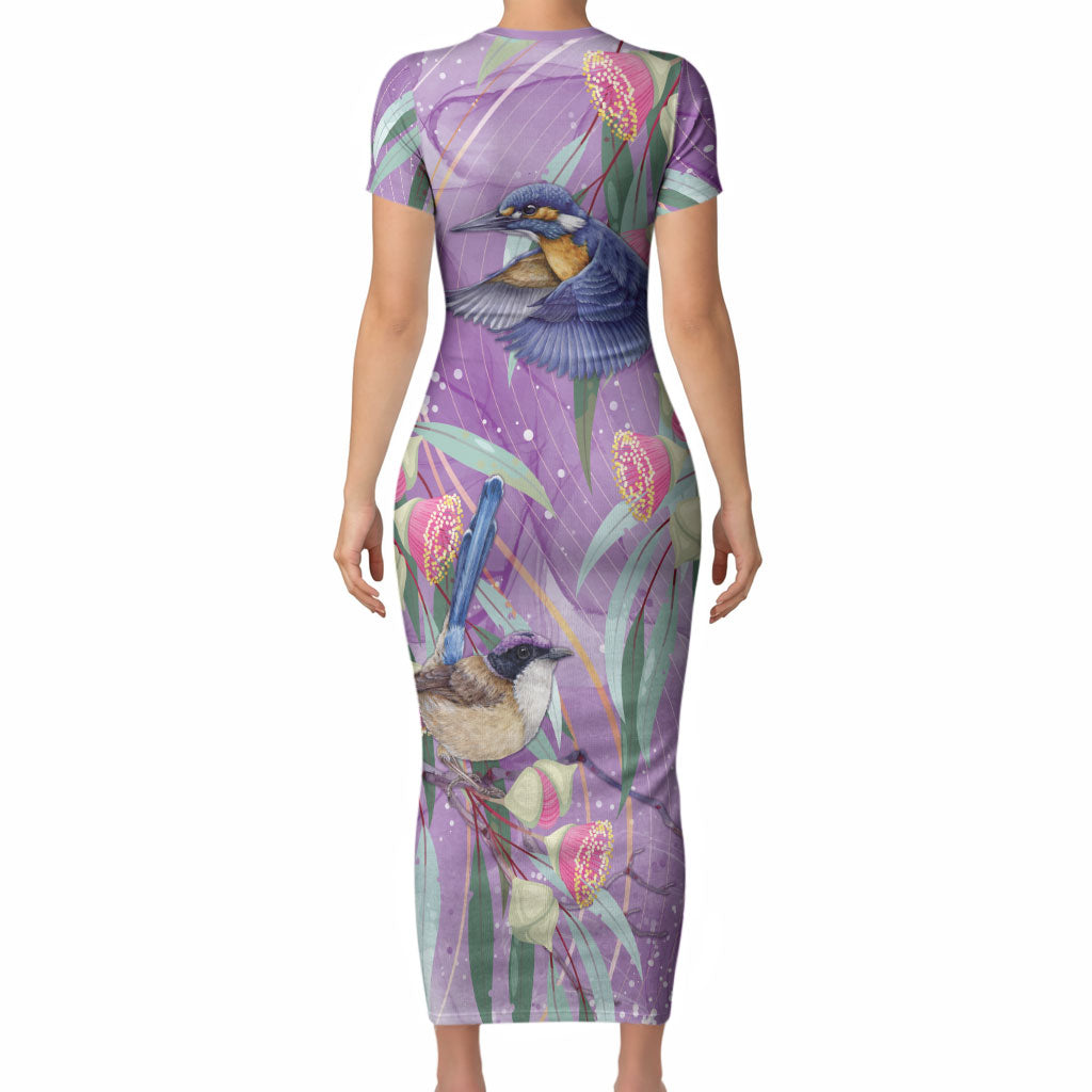 Australia Epilepsy Month Short Sleeve Bodycon Dress Purple Fairy Wren with Eucalyptus Flowers
