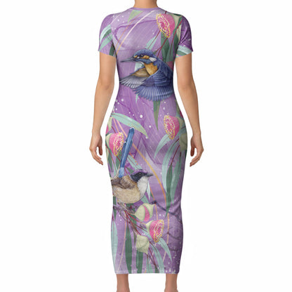 Australia Epilepsy Month Short Sleeve Bodycon Dress Purple Fairy Wren with Eucalyptus Flowers