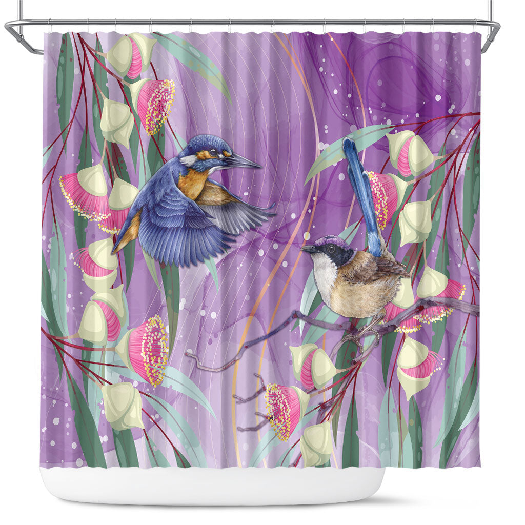 Australia Epilepsy Month Shower Curtain Purple Fairy Wren with Eucalyptus Flowers
