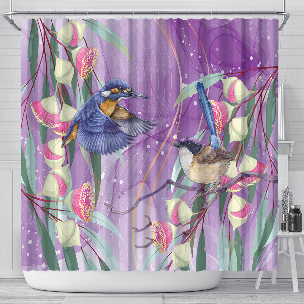 Australia Epilepsy Month Shower Curtain Purple Fairy Wren with Eucalyptus Flowers