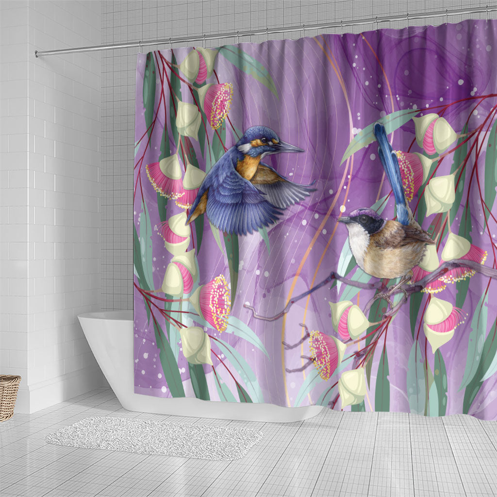 Australia Epilepsy Month Shower Curtain Purple Fairy Wren with Eucalyptus Flowers