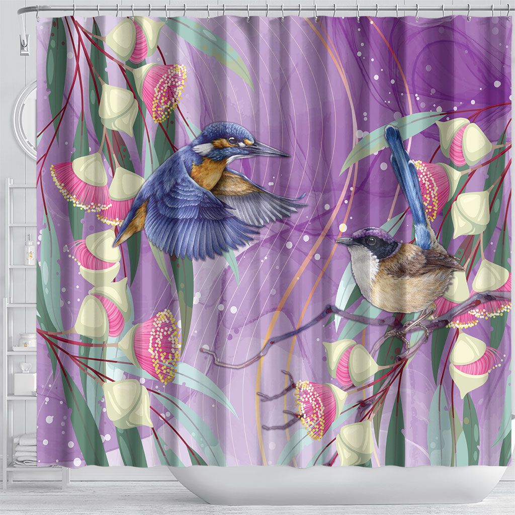 Australia Epilepsy Month Shower Curtain Purple Fairy Wren with Eucalyptus Flowers