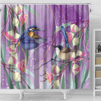Australia Epilepsy Month Shower Curtain Purple Fairy Wren with Eucalyptus Flowers