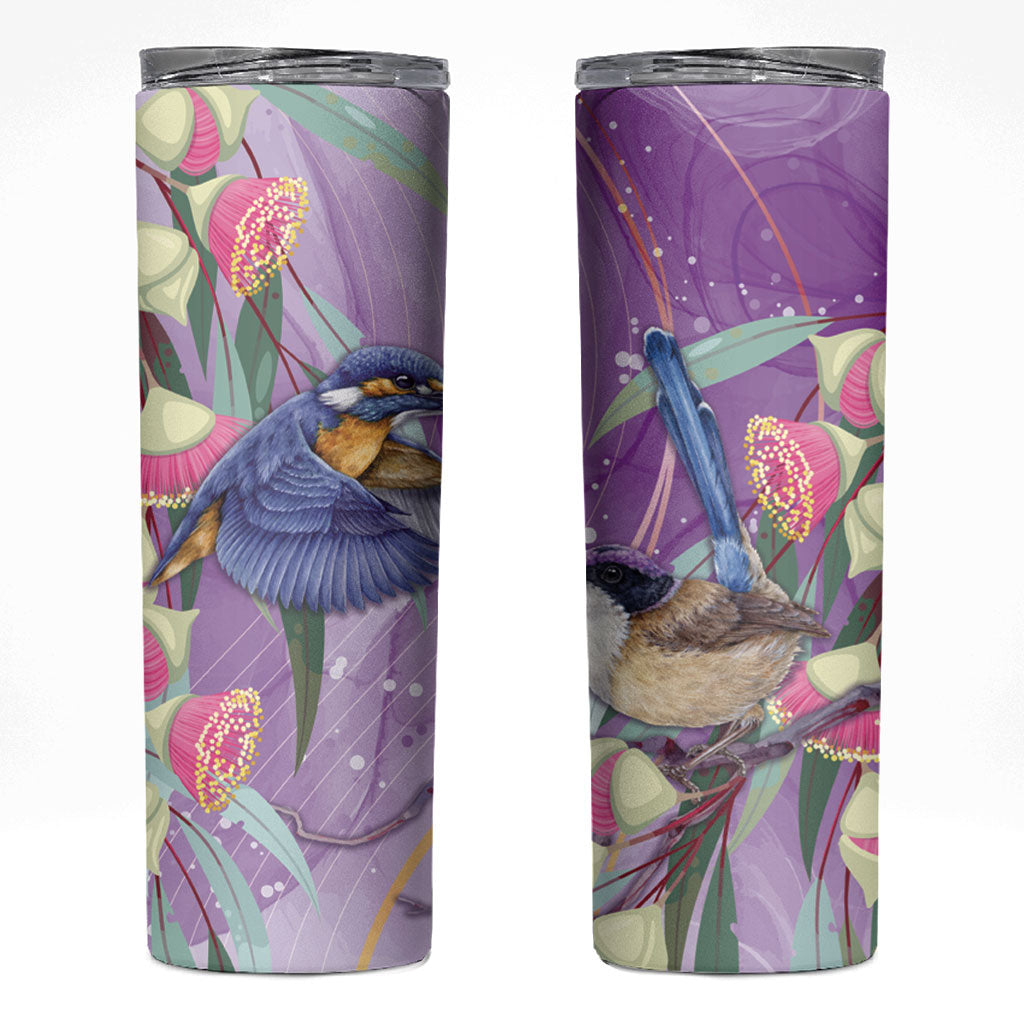 Australia Epilepsy Month Skinny Tumbler Purple Fairy Wren with Eucalyptus Flowers