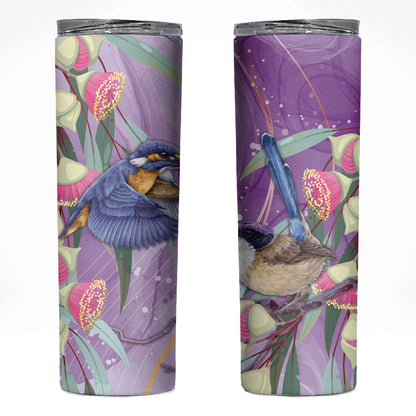 Australia Epilepsy Month Skinny Tumbler Purple Fairy Wren with Eucalyptus Flowers