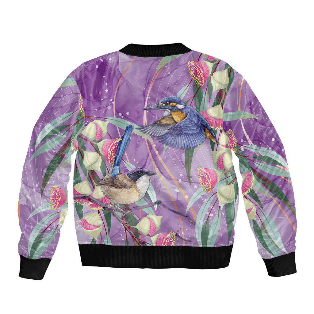 Australia Epilepsy Month Sleeve Zip Bomber Jacket Purple Fairy Wren with Eucalyptus Flowers