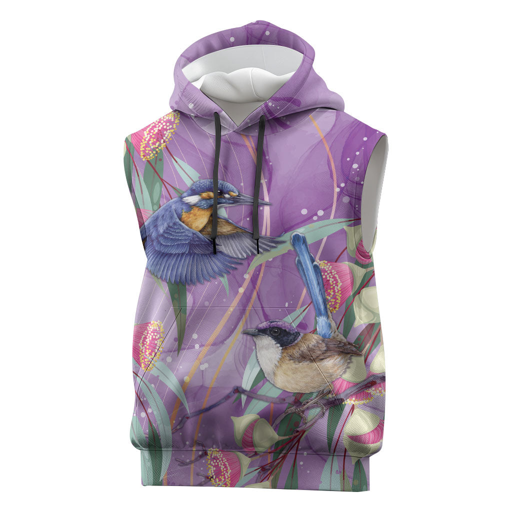 Australia Epilepsy Month Sleeveless Hoodie Purple Fairy Wren with Eucalyptus Flowers