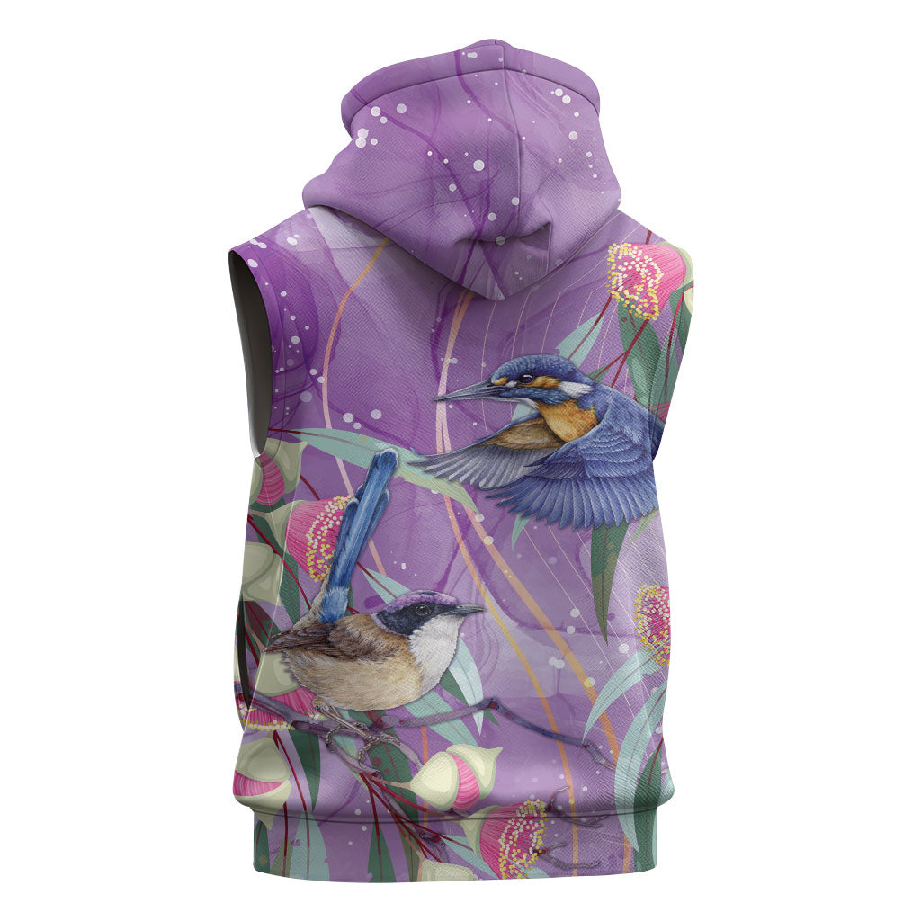 Australia Epilepsy Month Sleeveless Hoodie Purple Fairy Wren with Eucalyptus Flowers