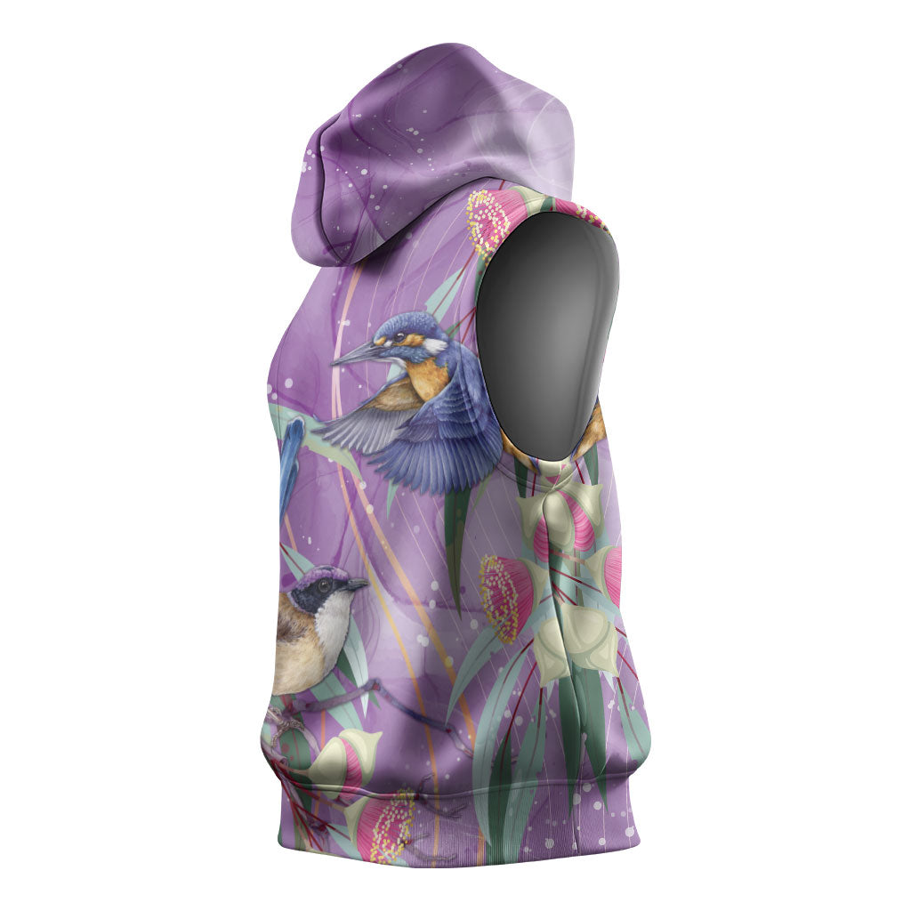 Australia Epilepsy Month Sleeveless Hoodie Purple Fairy Wren with Eucalyptus Flowers