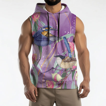 Australia Epilepsy Month Sleeveless Hoodie Purple Fairy Wren with Eucalyptus Flowers