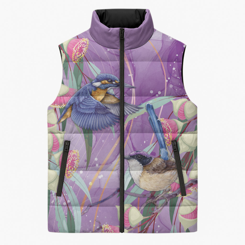Australia Epilepsy Month Sleeveless Puffer Jacket Purple Fairy Wren with Eucalyptus Flowers
