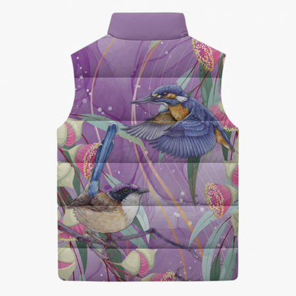 Australia Epilepsy Month Sleeveless Puffer Jacket Purple Fairy Wren with Eucalyptus Flowers
