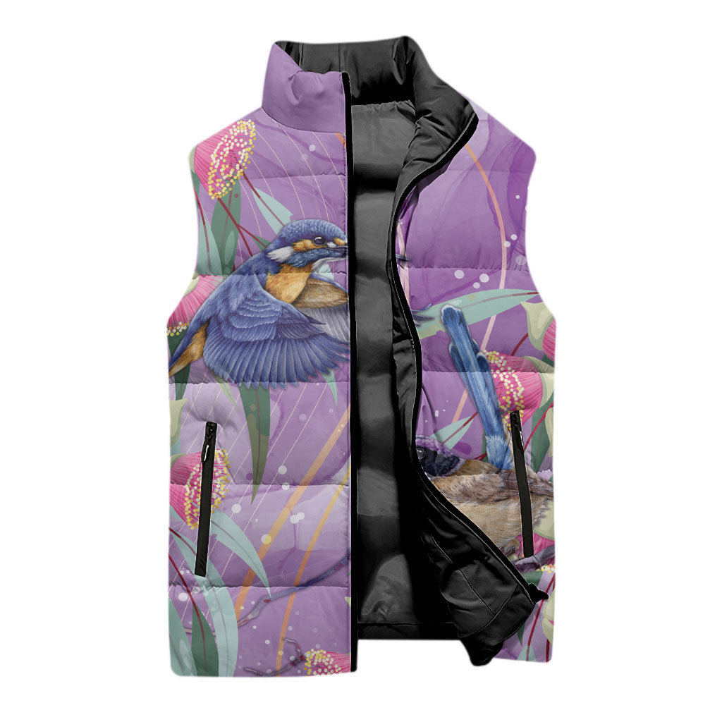 Australia Epilepsy Month Sleeveless Puffer Jacket Purple Fairy Wren with Eucalyptus Flowers