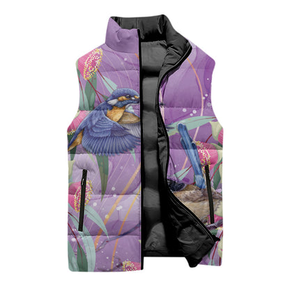 Australia Epilepsy Month Sleeveless Puffer Jacket Purple Fairy Wren with Eucalyptus Flowers