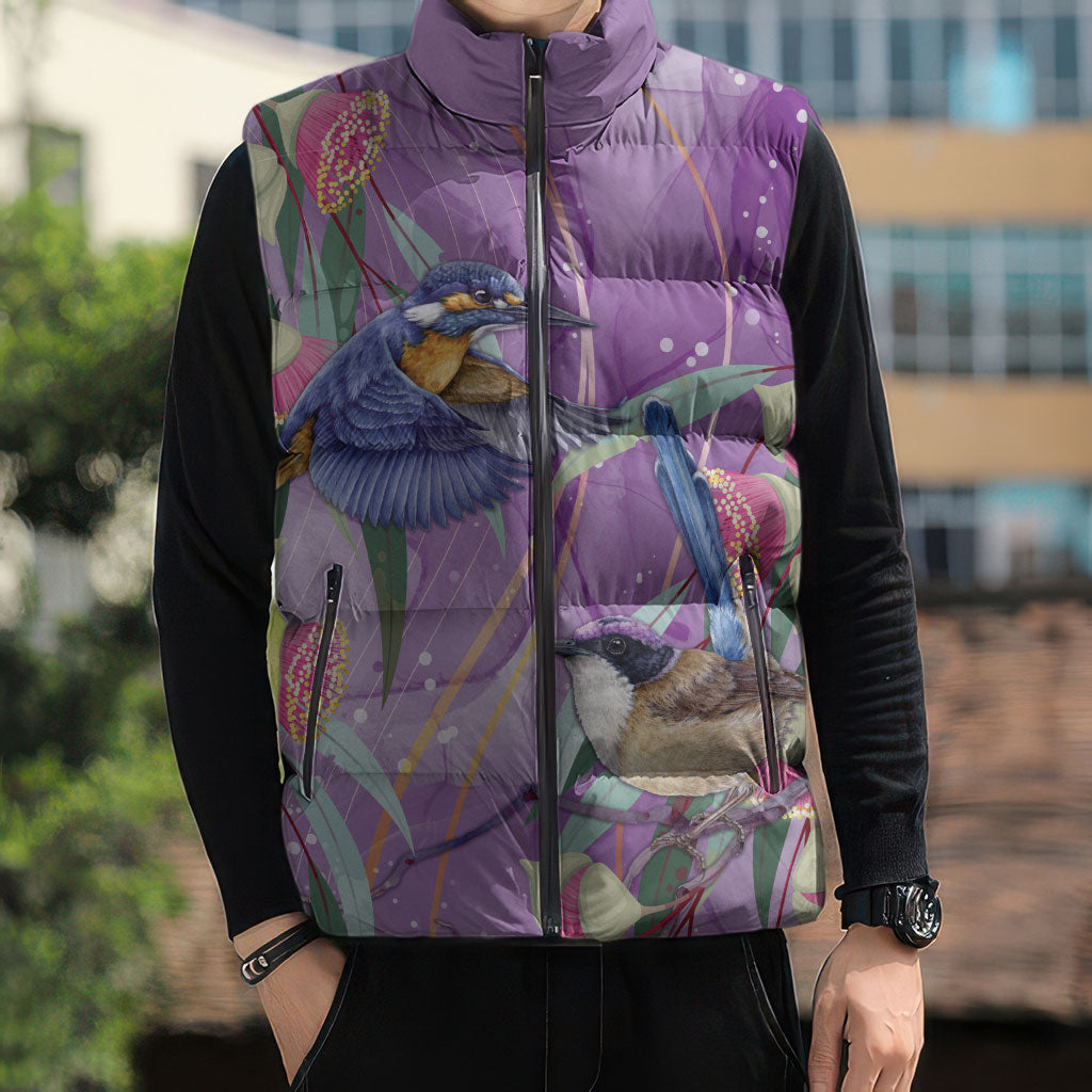 Australia Epilepsy Month Sleeveless Puffer Jacket Purple Fairy Wren with Eucalyptus Flowers