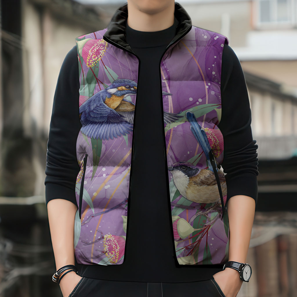 Australia Epilepsy Month Sleeveless Puffer Jacket Purple Fairy Wren with Eucalyptus Flowers