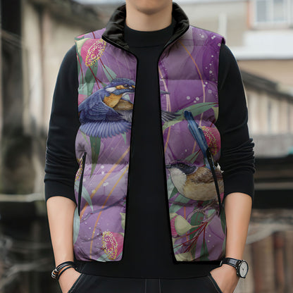 Australia Epilepsy Month Sleeveless Puffer Jacket Purple Fairy Wren with Eucalyptus Flowers