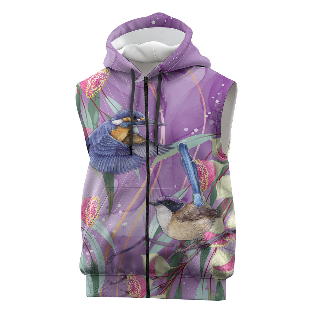 Australia Epilepsy Month Sleeveless Zip Hoodie Purple Fairy Wren with Eucalyptus Flowers