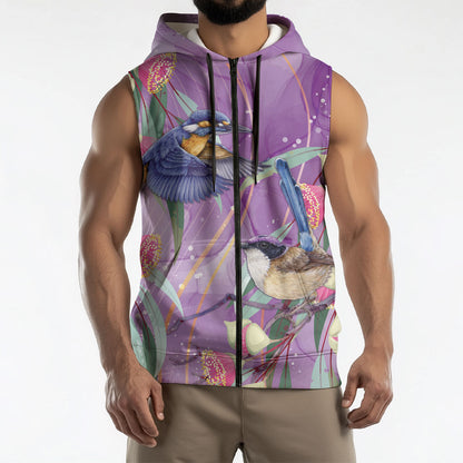 Australia Epilepsy Month Sleeveless Zip Hoodie Purple Fairy Wren with Eucalyptus Flowers