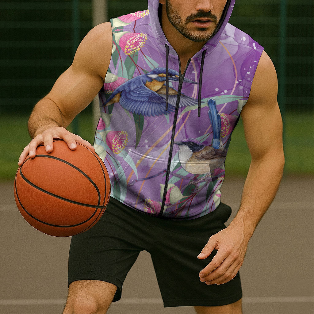 Australia Epilepsy Month Sleeveless Zip Hoodie Purple Fairy Wren with Eucalyptus Flowers