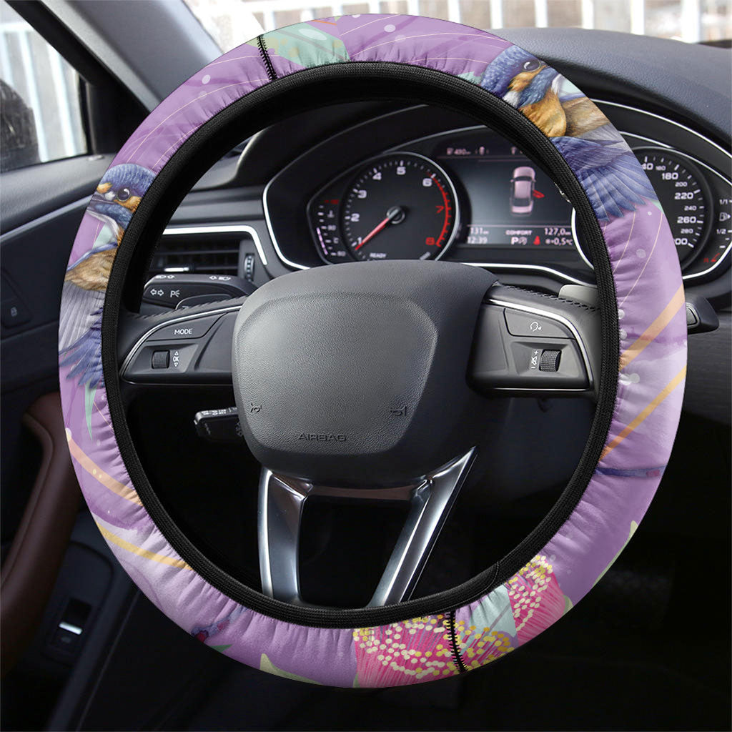 Australia Epilepsy Month Steering Wheel Cover Purple Fairy Wren with Eucalyptus Flowers