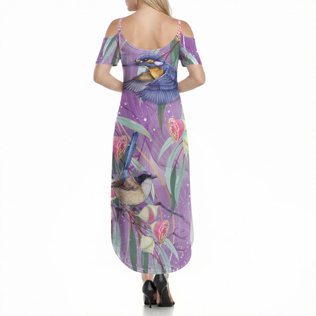 Australia Epilepsy Month Summer Maxi Dress Purple Fairy Wren with Eucalyptus Flowers