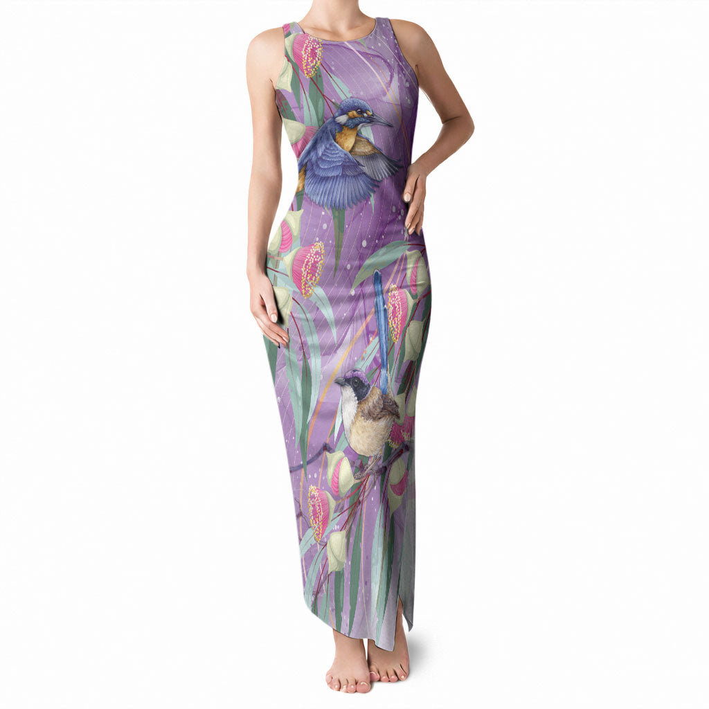 Australia Epilepsy Month Tank Maxi Dress Purple Fairy Wren with Eucalyptus Flowers