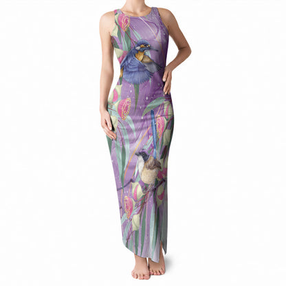 Australia Epilepsy Month Tank Maxi Dress Purple Fairy Wren with Eucalyptus Flowers