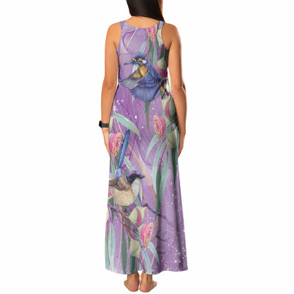 Australia Epilepsy Month Tank Maxi Dress Purple Fairy Wren with Eucalyptus Flowers