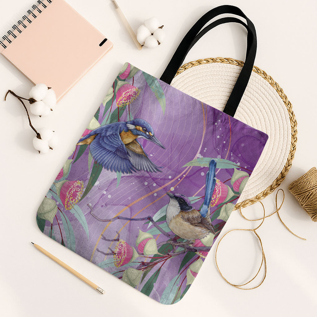 Australia Epilepsy Month Tote Bag Purple Fairy Wren with Eucalyptus Flowers